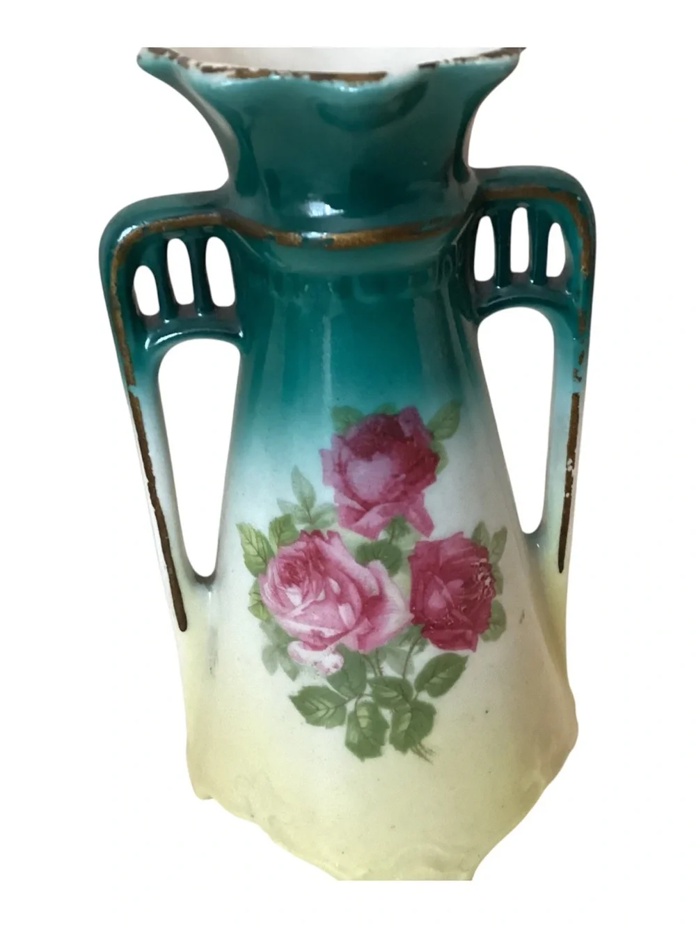 Antique Czechslovakia Pink Green Floral Porcelain Vase 6”